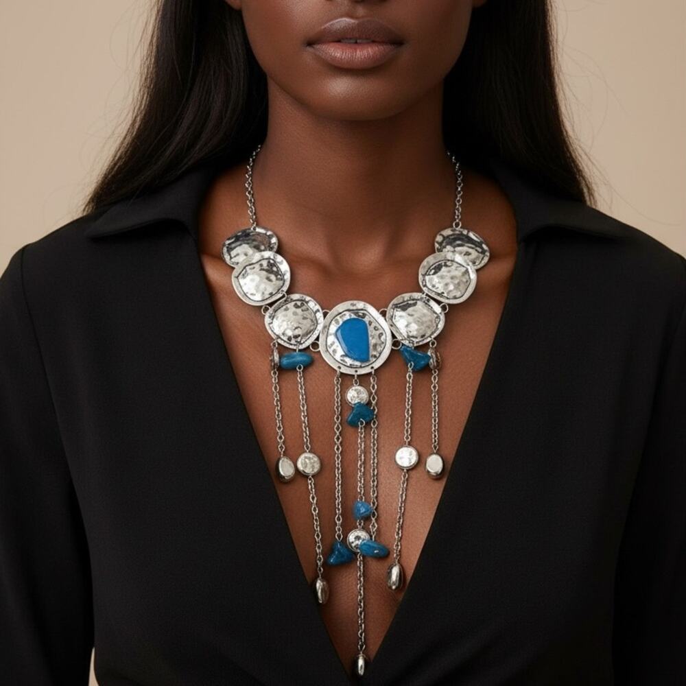 Boho Turquoise Stone Statement Necklace Silver Fringe Pendant